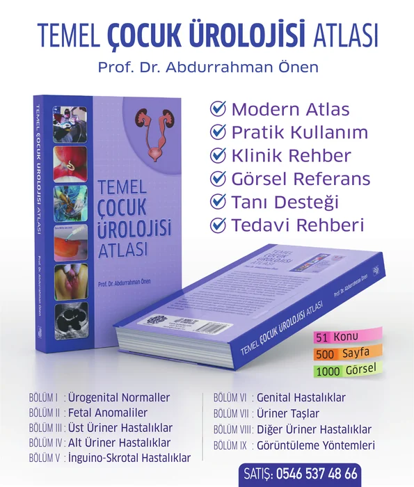 Prof. Dr. Abdurrahman Önen’in Temel Çocuk Ürolojisi Atlası kitabının, kapakları ve içerik başlıklarıyla paylaşılan tanıtım görseli