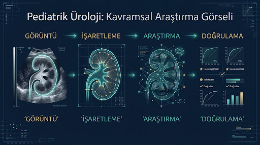 Böbrek ultrason şeması, kontur işaretleme, algoritmik araştırma ve doğrulama adımlarını gösteren kavramsal illüstrasyon
